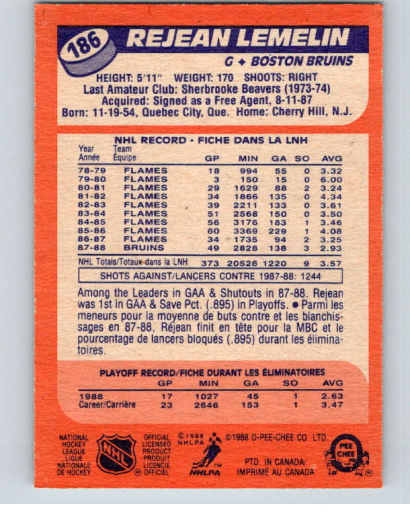 1988-89 O-Pee-Chee #186 Reggie Lemelin  Boston Bruins  V53624 Image 2