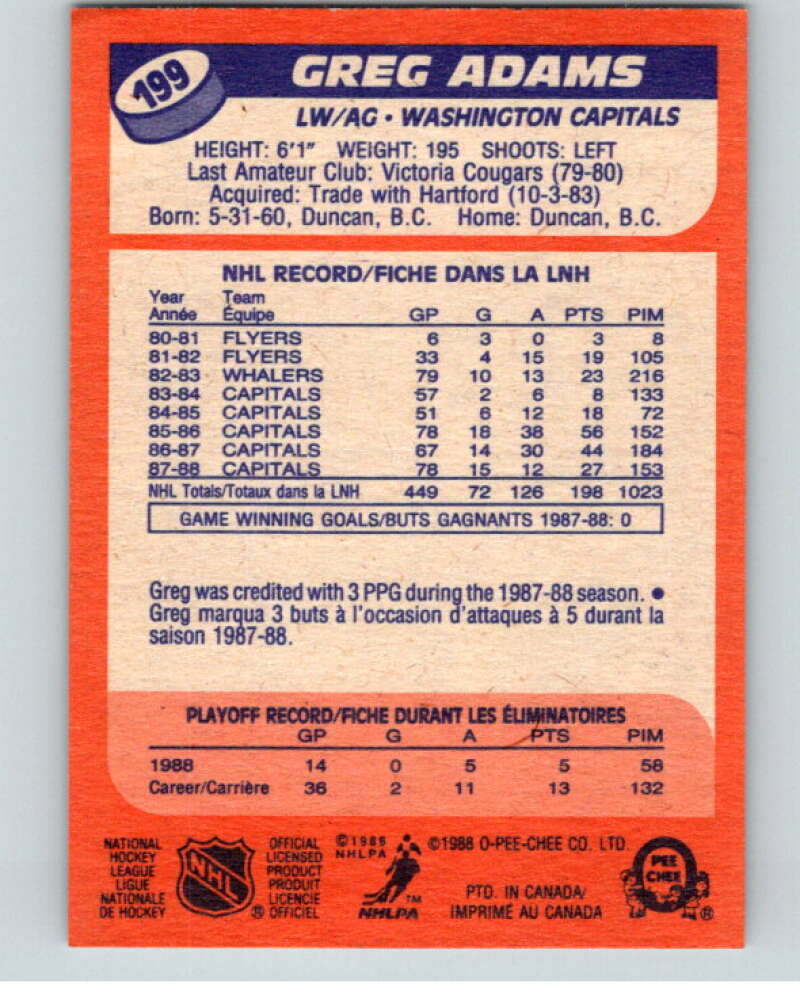 1988-89 O-Pee-Chee #199 Greg Adams  Edmonton Oilers  V53646 Image 2