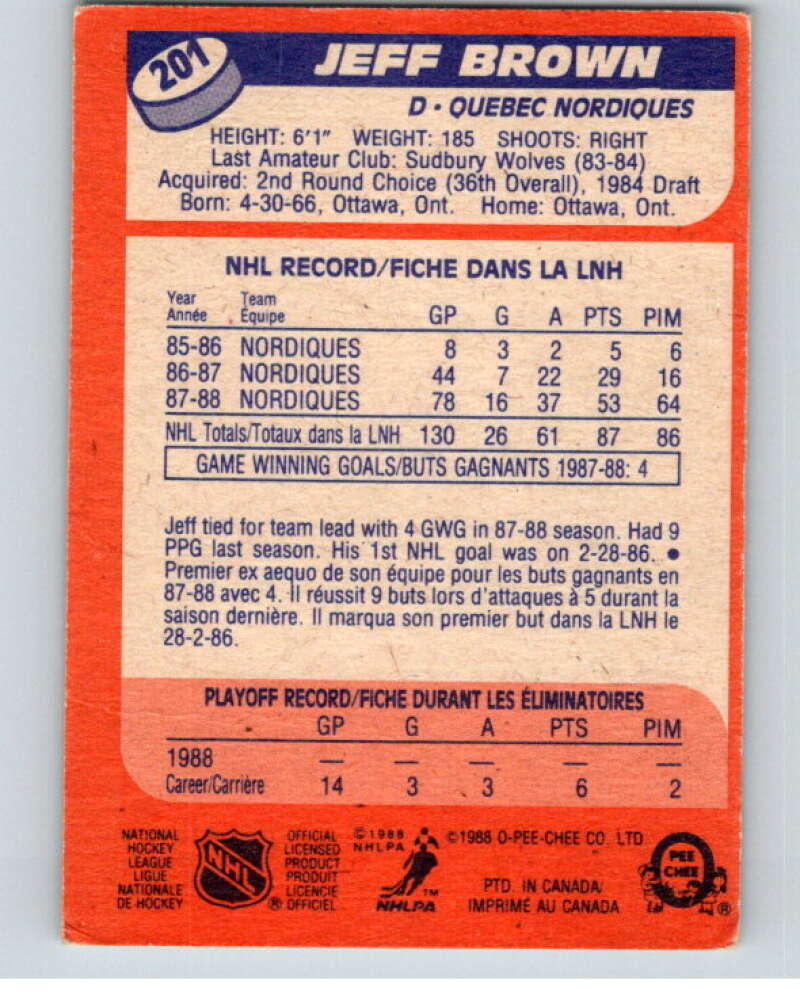 1988-89 O-Pee-Chee #201 Jeff Brown  RC Rookie Quebec Nordiques  V53649 Image 2