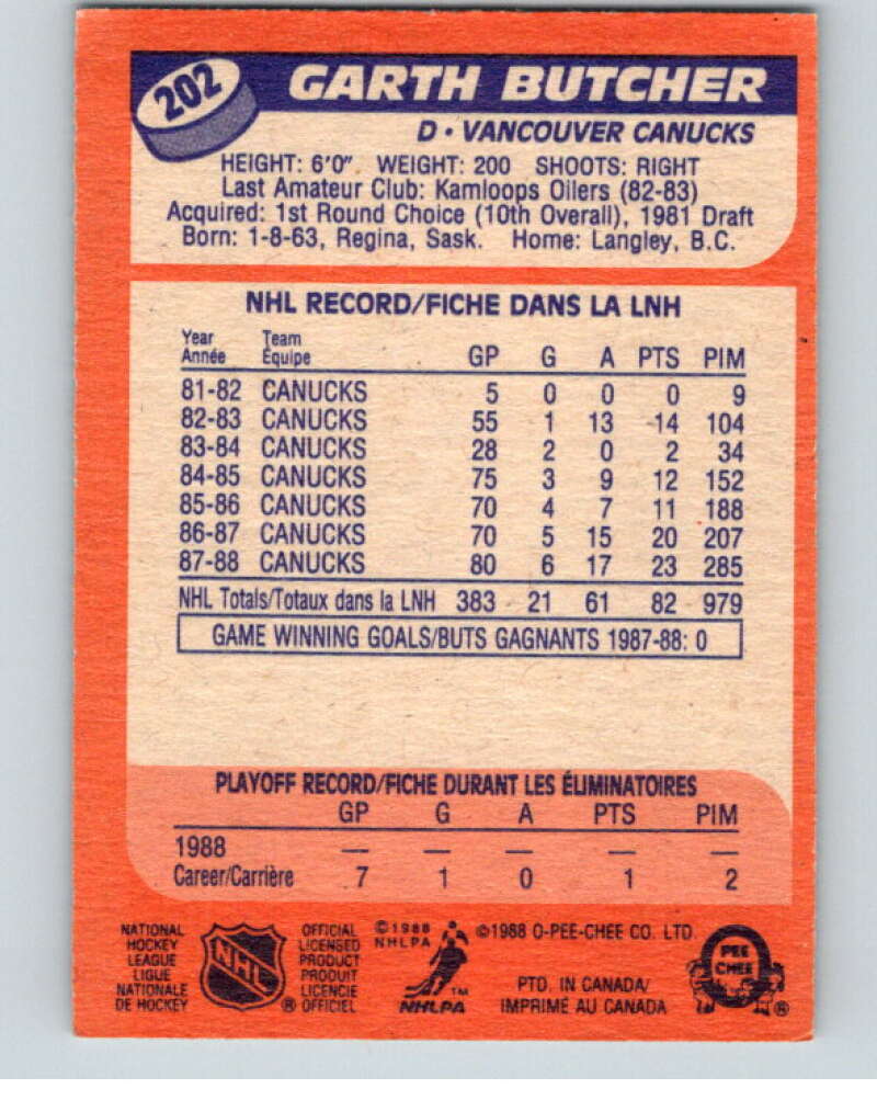 1988-89 O-Pee-Chee #202 Garth Butcher  RC Rookie Vancouver  V53653 Image 2