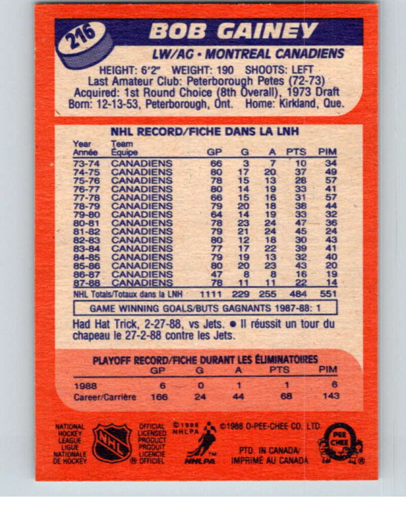 1988-89 O-Pee-Chee #216 Bob Gainey  Montreal Canadiens  V53685 Image 2
