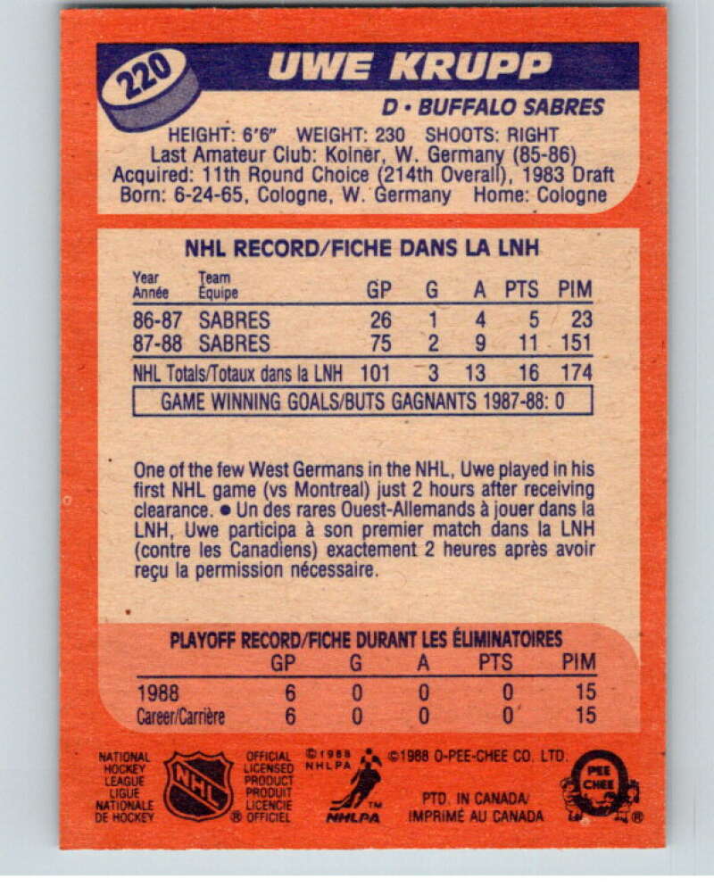 1988-89 O-Pee-Chee #220 Uwe Krupp  RC Rookie Buffalo Sabres  V53695 Image 2