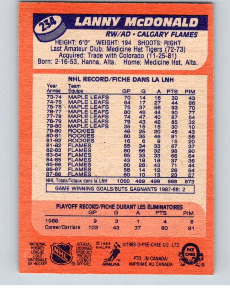 1988-89 O-Pee-Chee #234 Lanny McDonald  Calgary Flames  V53723 Image 2