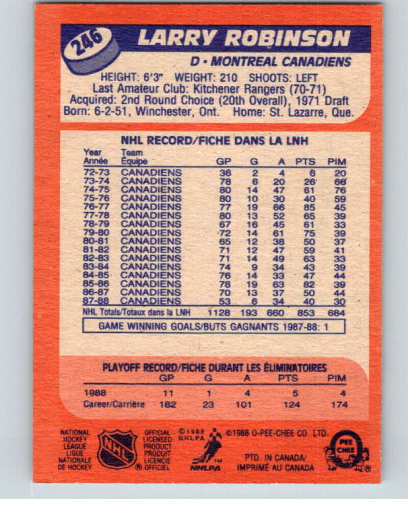 1988-89 O-Pee-Chee #246 Larry Robinson  Montreal Canadiens  V53759 Image 2