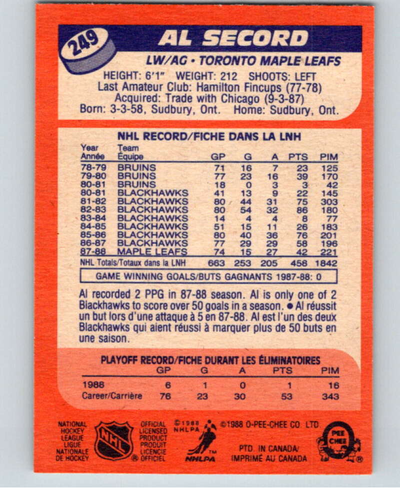 1988-89 O-Pee-Chee #249 Al Secord  Toronto Maple Leafs  V53768 Image 2