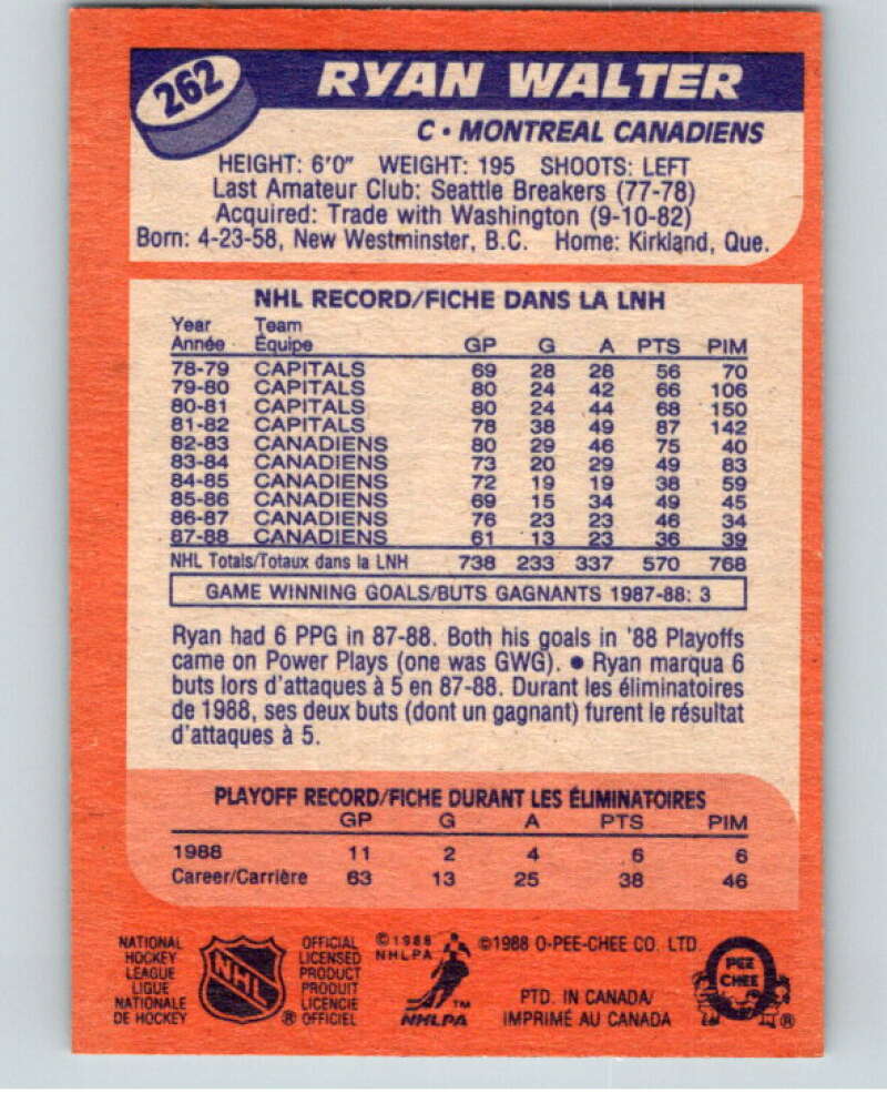 1988-89 O-Pee-Chee #262 Ryan Walter  Montreal Canadiens  V53801 Image 2