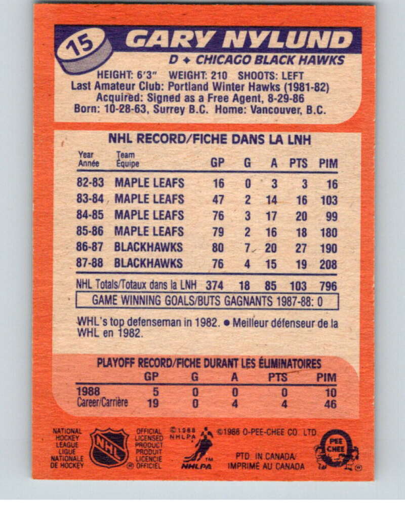 1988-89 O-Pee-Chee #15 Gary Nylund  Chicago Blackhawks  V53810 Image 2