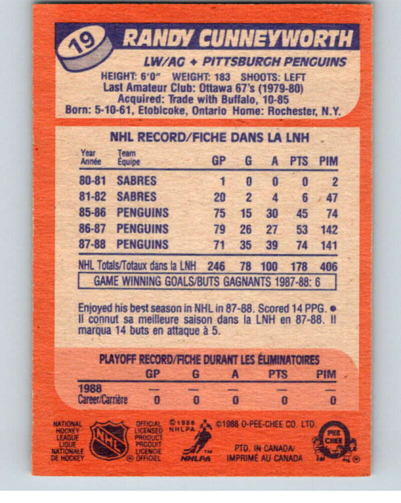 1988-89 O-Pee-Chee #19 Randy Cunneyworth  Pittsburgh Penguins  V53812 Image 2