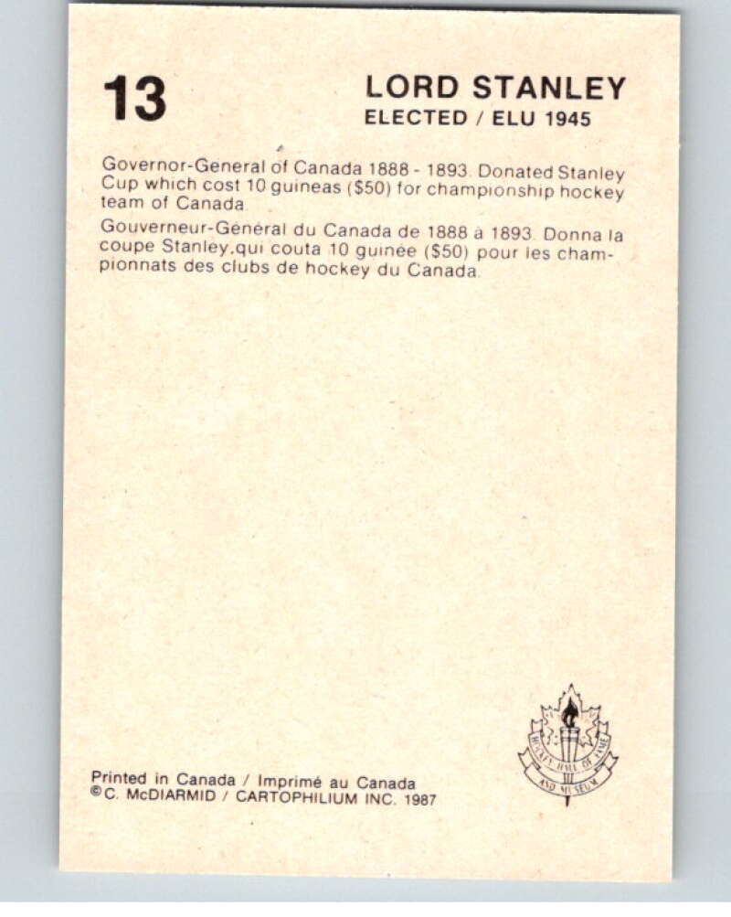 1987 Cartophilium Hockey Hall of Fame #13 Lord Stanley  V53975 Image 2