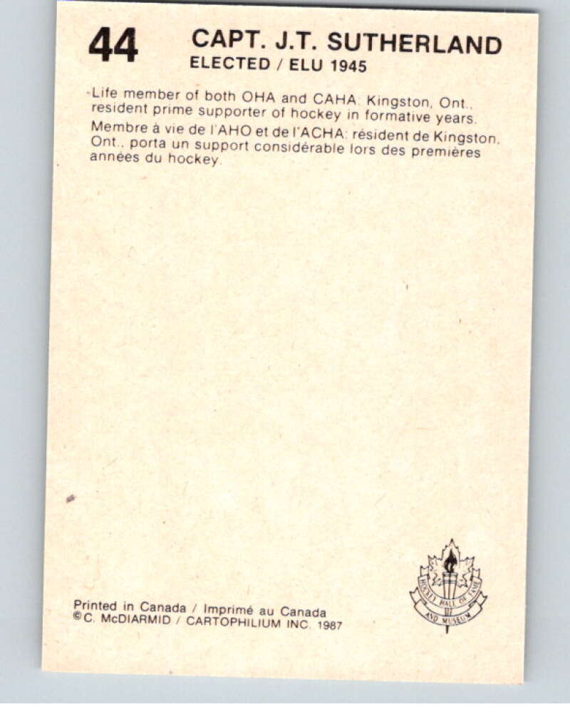 1987 Cartophilium Hockey Hall of Fame #44 Capt. Sutherland  V54006 Image 2