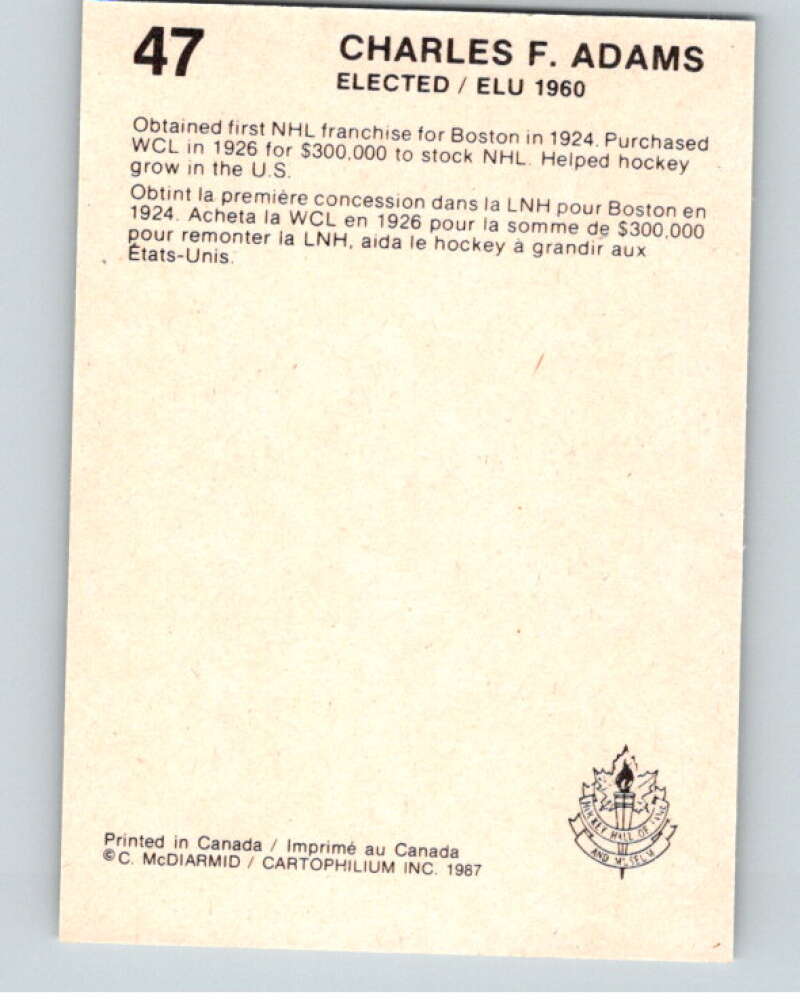 1987 Cartophilium Hockey Hall of Fame #47 Charles Adams  V54009 Image 2