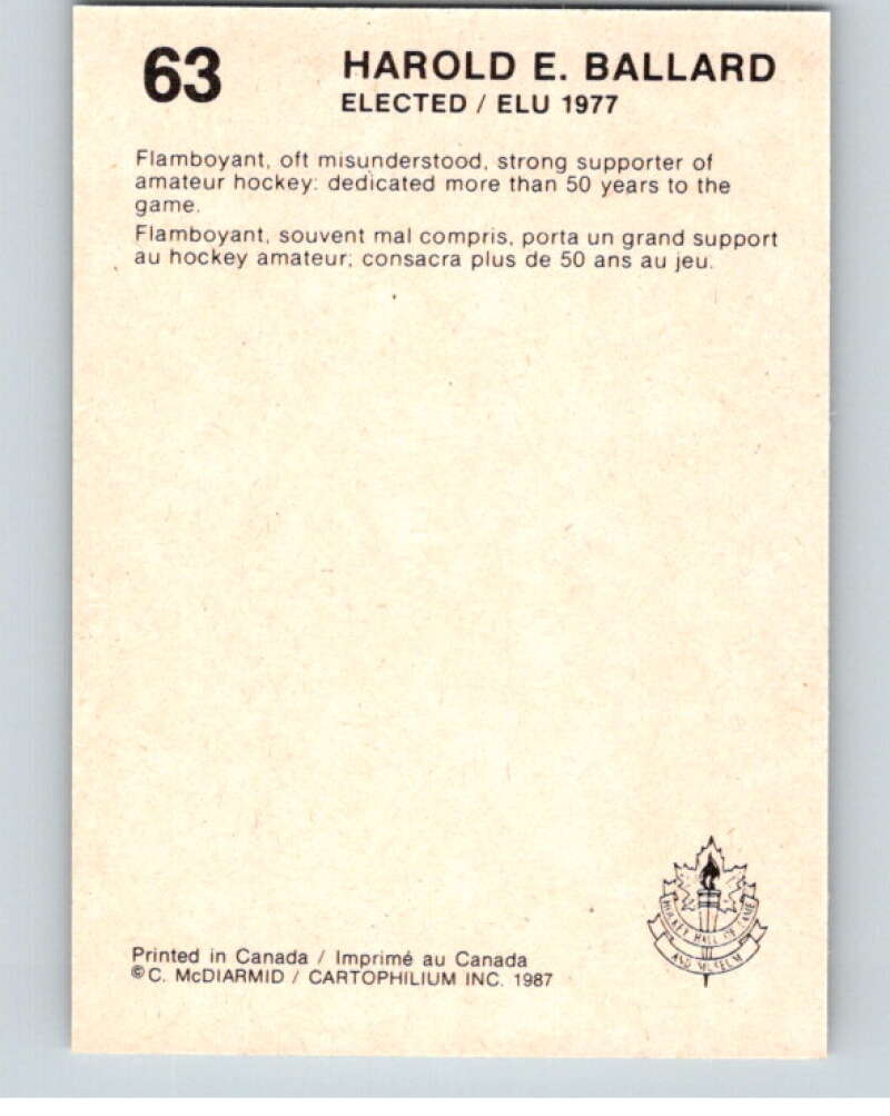 1987 Cartophilium Hockey Hall of Fame #63 Harold Ballard  V54025 Image 2