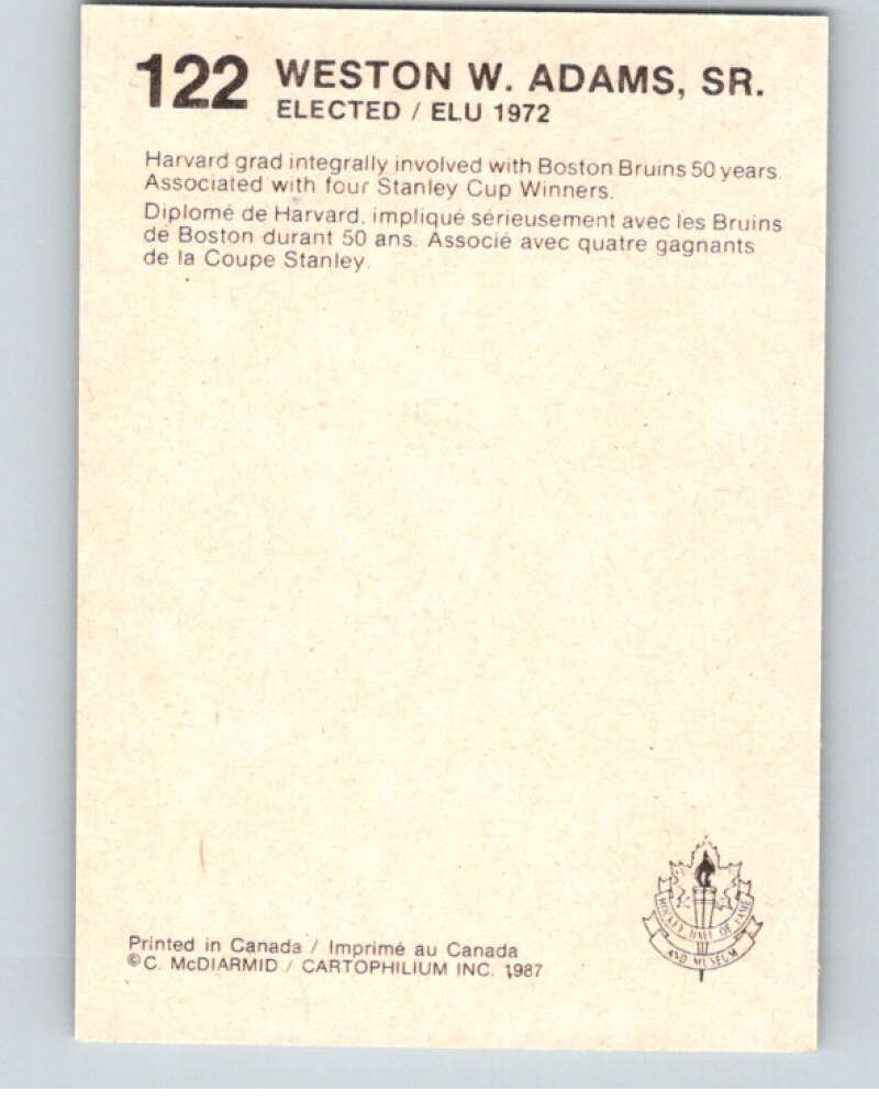 1987 Cartophilium Hockey Hall of Fame #122 Weston Adams Sr. V54084 Image 2