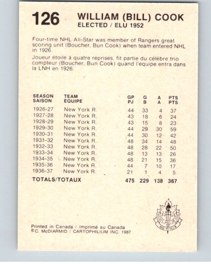 1987 Cartophilium Hockey Hall of Fame #126 Bill Cook  V54088 Image 2