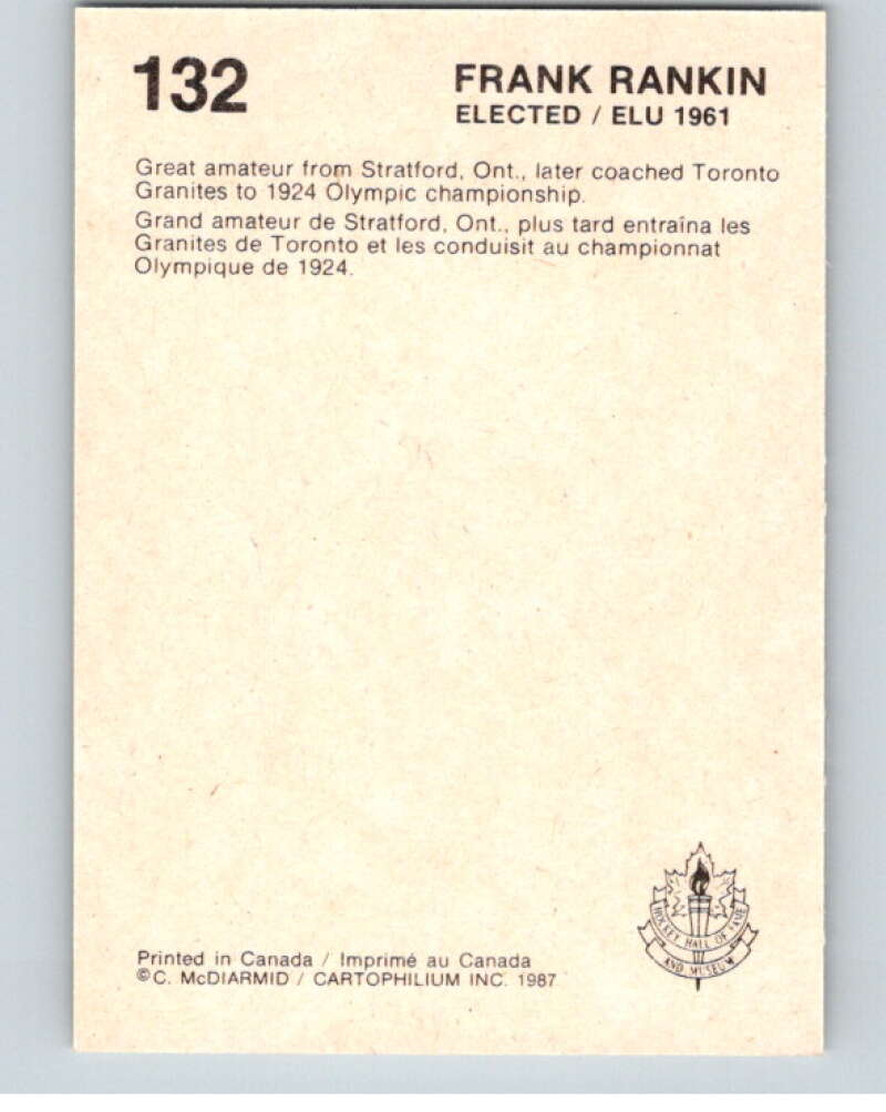 1987 Cartophilium Hockey Hall of Fame #132 Frank Rankin  V54094 Image 2