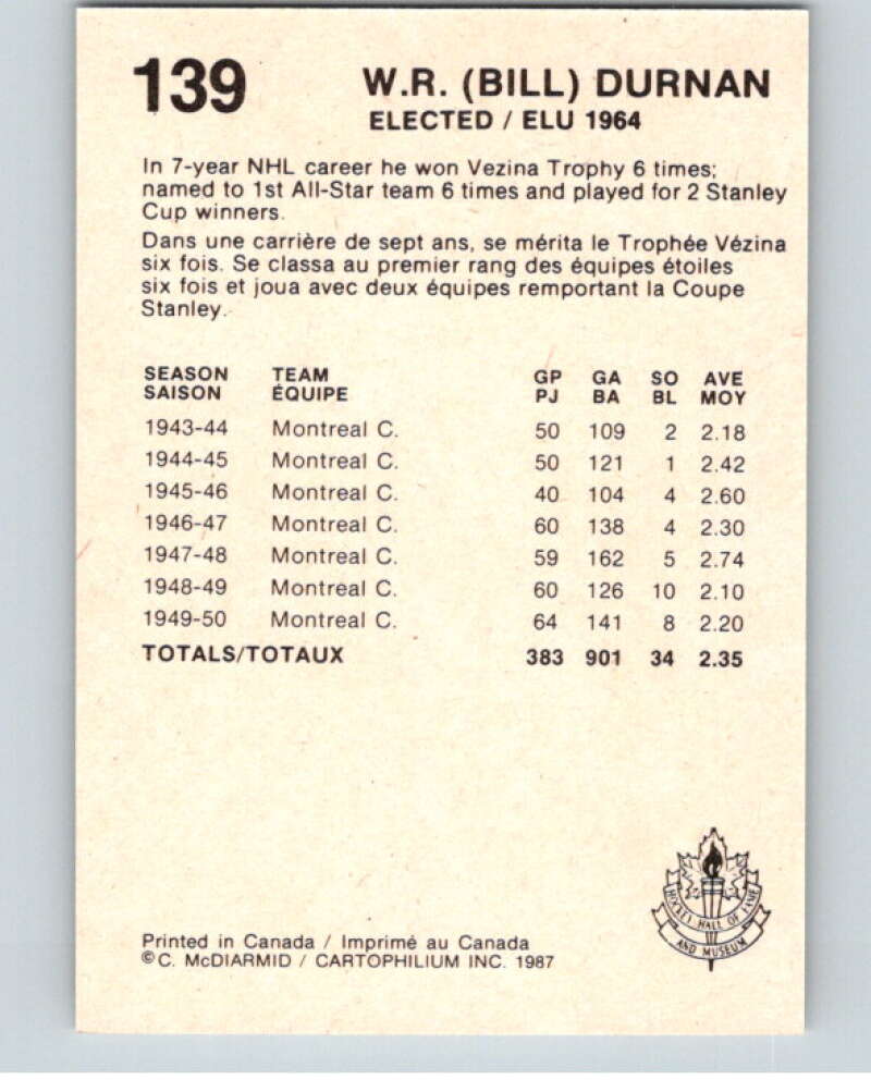 1987 Cartophilium Hockey Hall of Fame #139 Bill Durnan  V54101 Image 2