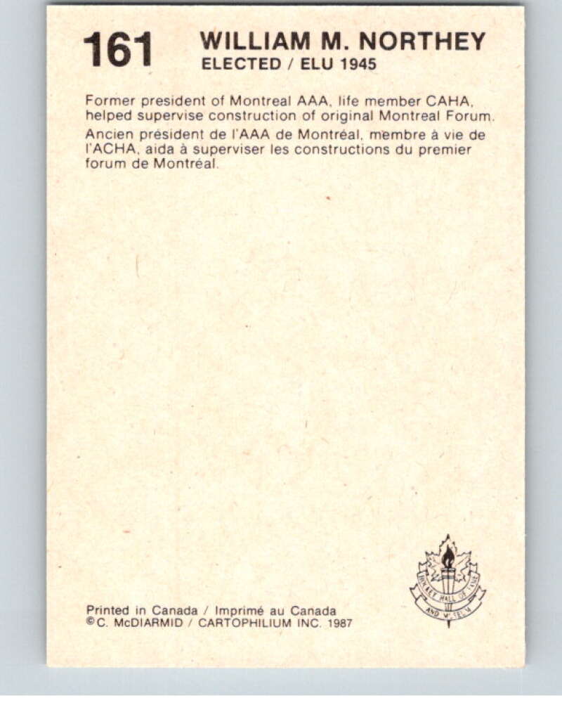 1987 Cartophilium Hockey Hall of Fame #161 William Northey  V54123 Image 2