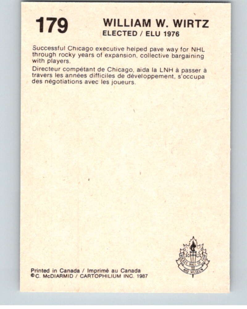 1987 Cartophilium Hockey Hall of Fame #179 William Wirtz  V54141 Image 2