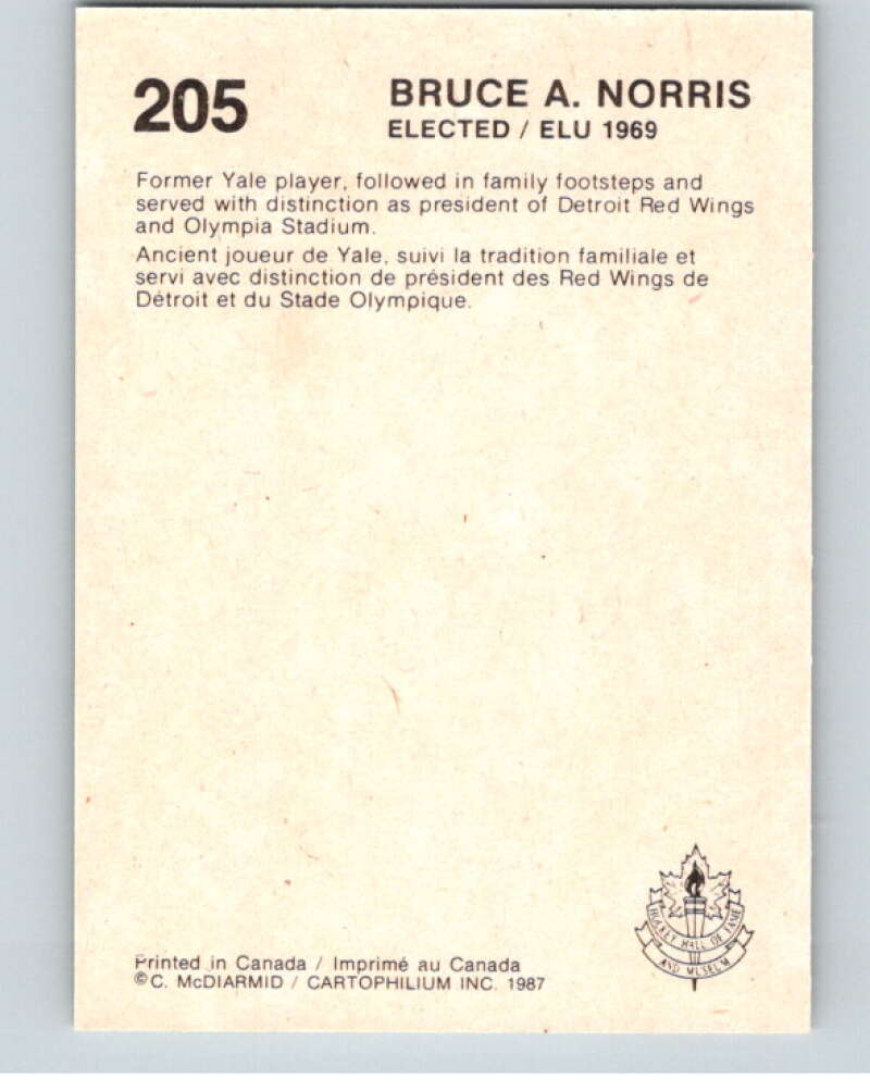 1987 Cartophilium Hockey Hall of Fame #205 Bruce Norris  V54167 Image 2