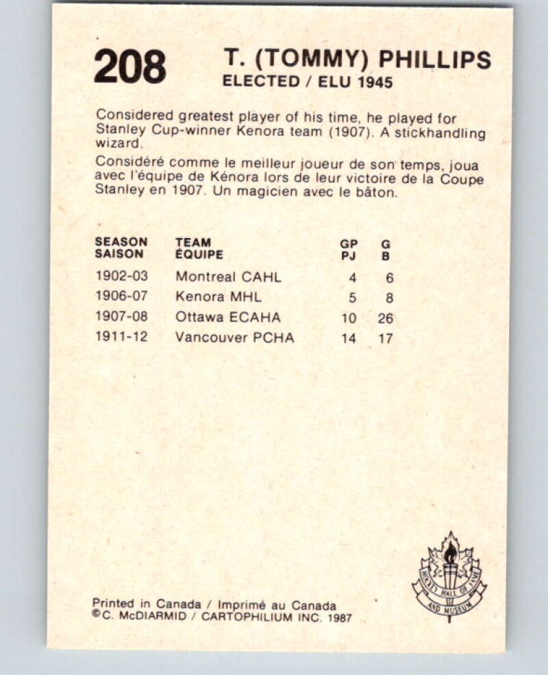 1987 Cartophilium Hockey Hall of Fame #208 Tommy Phillips  V54170 Image 2