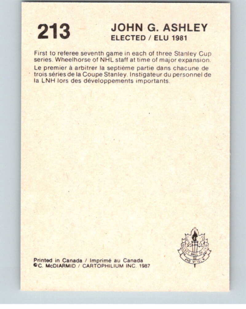 1987 Cartophilium Hockey Hall of Fame #213 John Ashley  V54175 Image 2