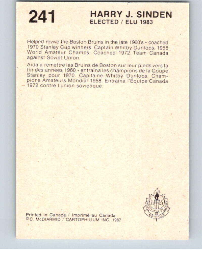 1987 Cartophilium Hockey Hall of Fame #241 Harry Sinden  V54202 Image 2