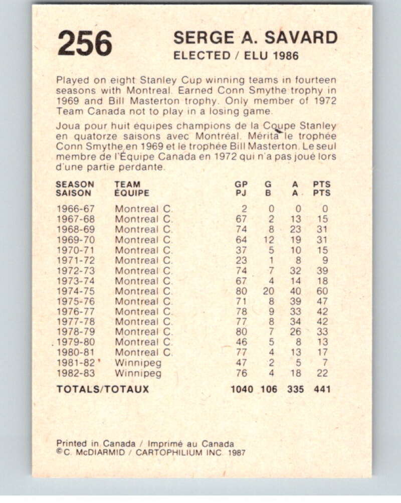 1987 Cartophilium Hockey Hall of Fame #256 Serge Savard  V54217 Image 2