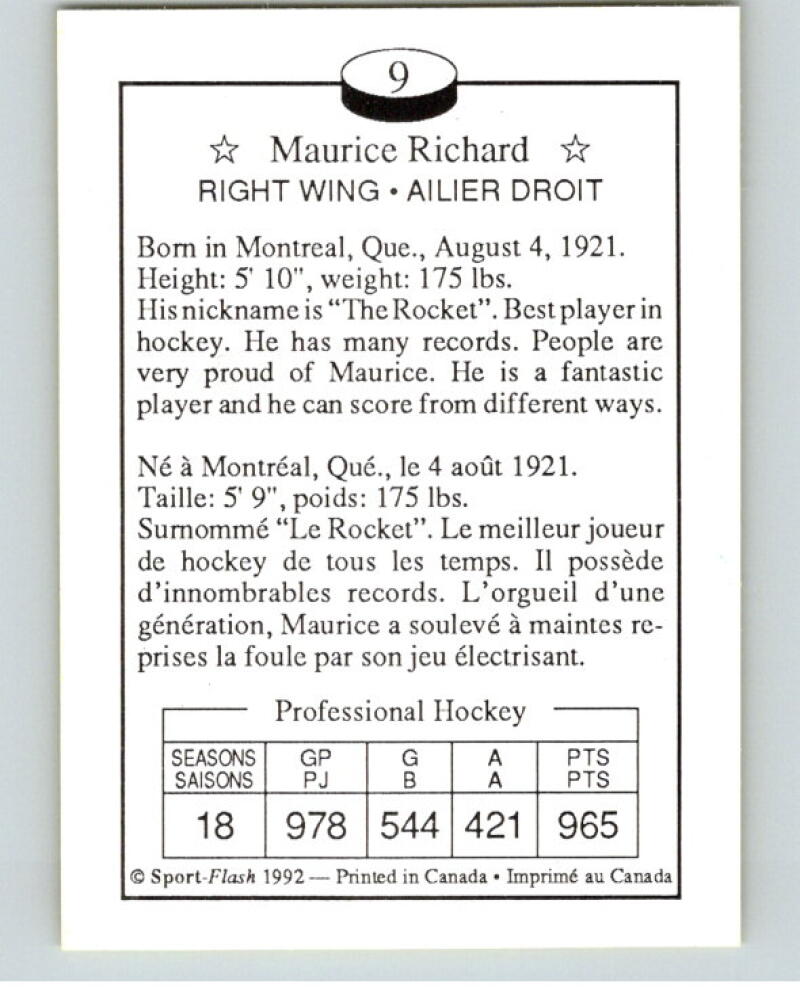 1992 Sport-Flash #9 Maurice Richard Hockey Card V54257 Image 2