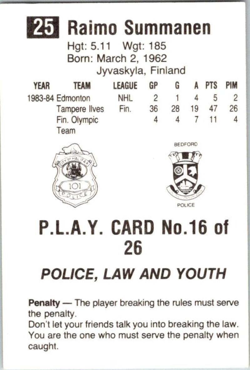 1984-85 Nova Scotia Oilers #16 Raimo Summanen (Police law & Youth) V54260 Image 2