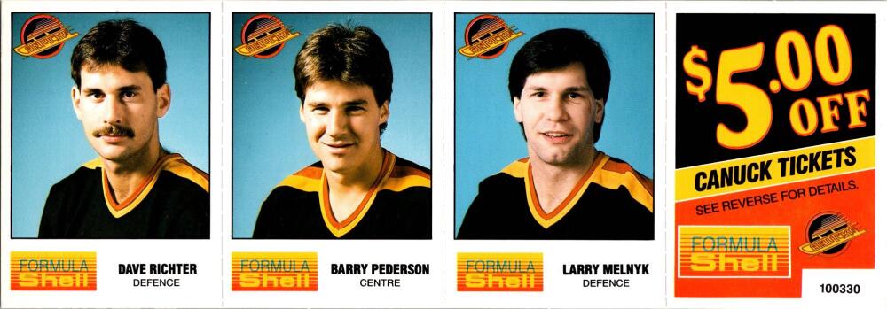 1987-88 Formula Shell Uncut Sheet Vancouver Canucks - Richter-Pederson-Melnyk -5 Image 1