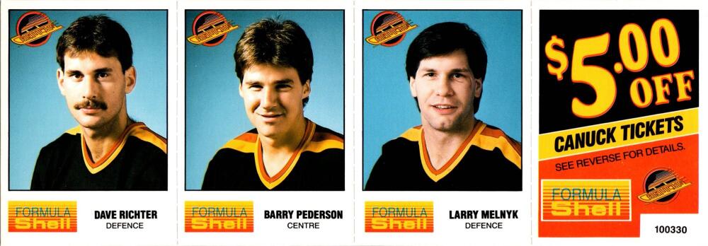 1987-88 Formula Shell Uncut Sheet Vancouver Canucks - Richter-Pederson-Melnyk -6 Image 1