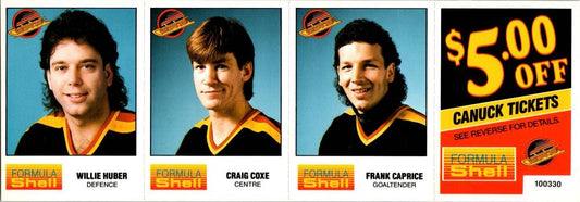 1987-88 Formula Shell Uncut Sheet Vancouver Canucks - Huber-Coxe-Caprice -7 Image 1