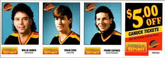 1987-88 Formula Shell Uncut Sheet Vancouver Canucks - Huber-Coxe-Caprice -8 Image 1