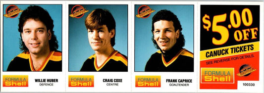 1987-88 Formula Shell Uncut Sheet Vancouver Canucks - Huber-Coxe-Caprice -9 Image 1
