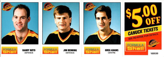 1987-88 Formula Shell Uncut Sheet Vancouver Canucks - Boyd-Benning-Adams -10 Image 1