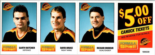 1987-88 Formula Shell Uncut Sheet Vancouver Canucks - Butcher-Bruce-Brodeur -13 Image 1