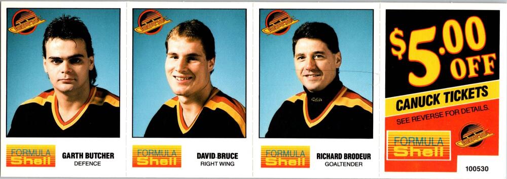 1987-88 Formula Shell Uncut Sheet Vancouver Canucks - Butcher-Bruce-Brodeur -13 Image 1