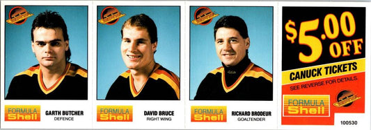 1987-88 Formula Shell Uncut Sheet Vancouver Canucks - Butcher-Bruce-Brodeur -14 Image 1