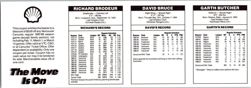 1987-88 Formula Shell Uncut Sheet Vancouver Canucks - Butcher-Bruce-Brodeur -15 Image 2