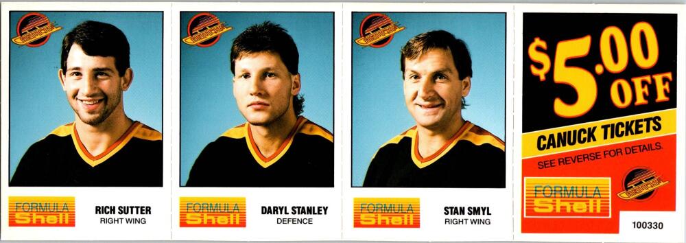 1987-88 Formula Shell Uncut Sheet Vancouver Canucks - Sutter-Stanley-Smyl -16 Image 1