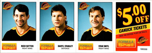 1987-88 Formula Shell Uncut Sheet Vancouver Canucks - Sutter-Stanley-Smyl -17 Image 1
