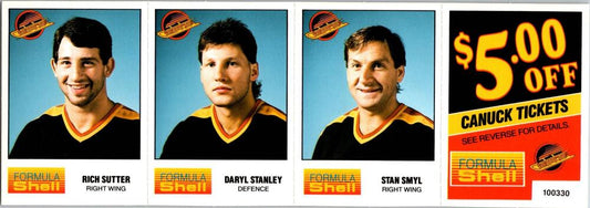 1987-88 Formula Shell Uncut Sheet Vancouver Canucks - Sutter-Stanley-Smyl -18 Image 1