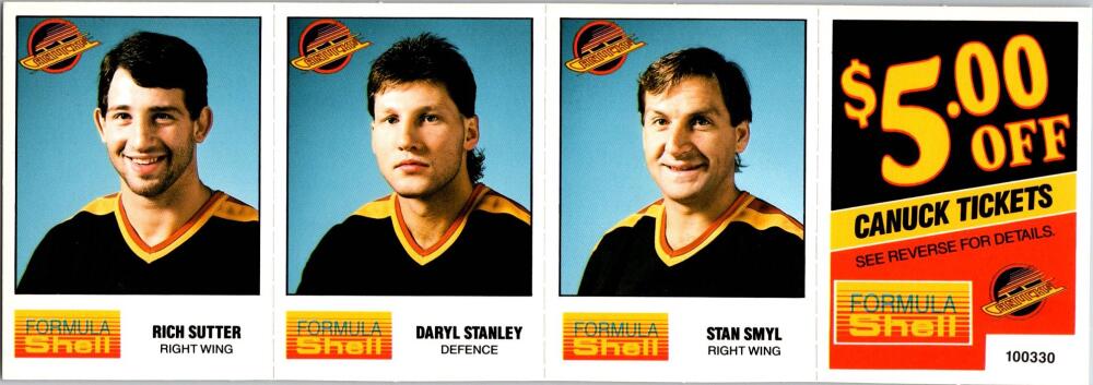 1987-88 Formula Shell Uncut Sheet Vancouver Canucks - Sutter-Stanley-Smyl -18 Image 1