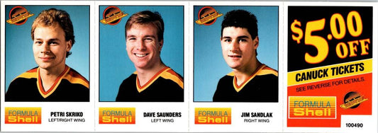 1987-88 Formula Shell Uncut Sheet Vancouver Canucks - Skriko-Saunders-Sandlak -20 Image 1