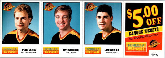 1987-88 Formula Shell Uncut Sheet Vancouver Canucks - Skriko-Saunders-Sandlak -21 Image 1