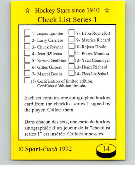 1992 Sport-Flash #14 Checklist Hockey Card V54274 Image 1