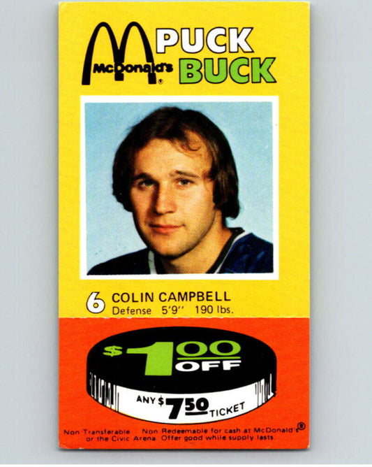 1977-78 McDonald's Puck Buck Hockey  #6 Colin Campbell  V54285 Image 1