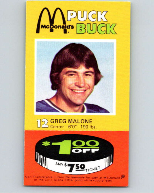 1977-78 McDonald's Puck Buck Hockey  #12 Greg Malone  V54289 Image 1