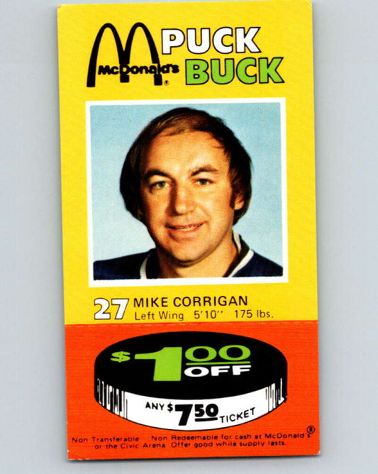 1977-78 McDonald's Puck Buck Hockey  #27 Mike Corrigan  V54297 Image 1