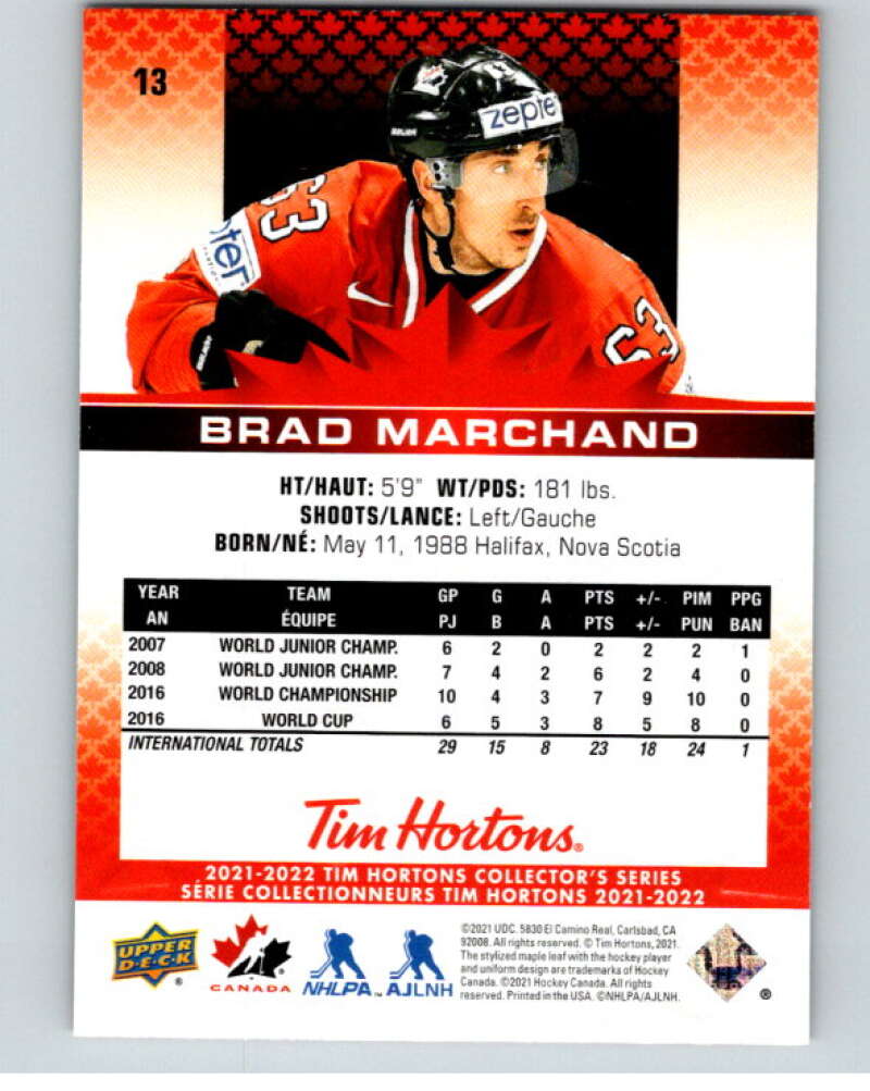 2021-22 Upper Deck Tim Hortons Team Canada  #13 Brad Marchand    V52546 Image 2